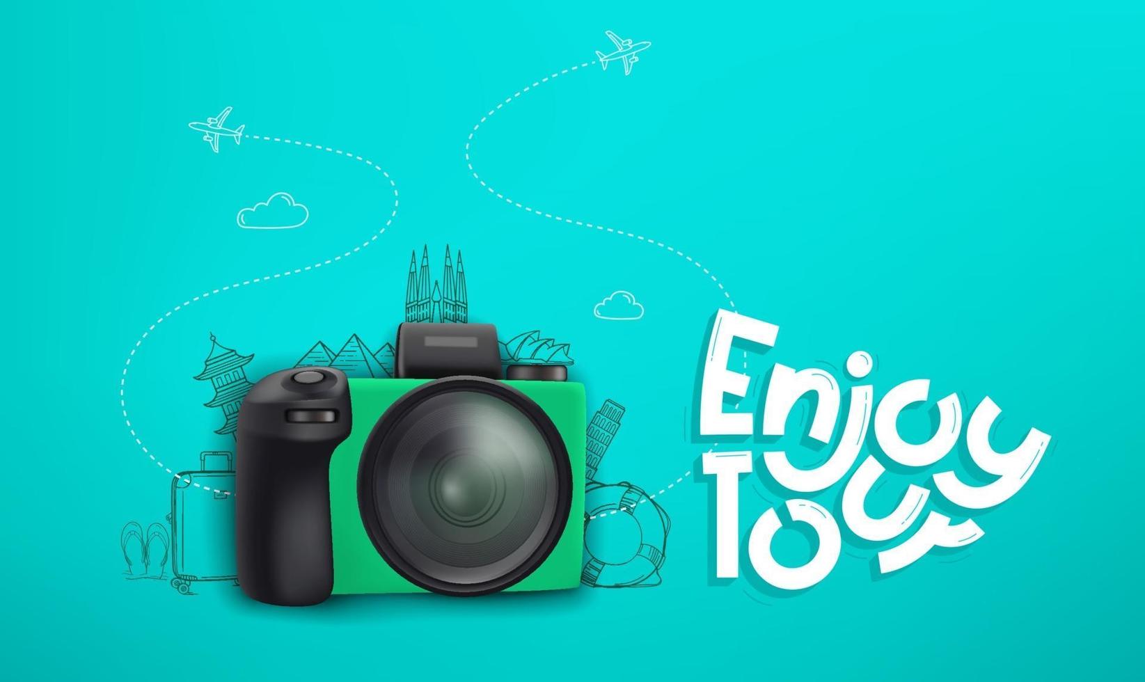 Travel concept with green digital camera and doodling elements vector