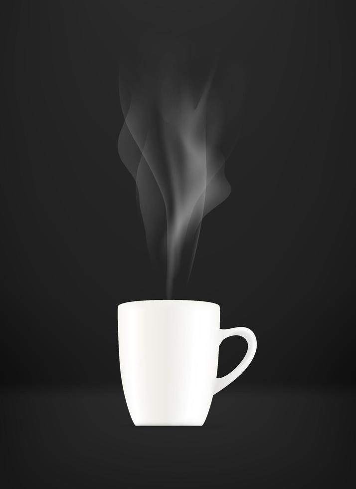 White realistic cup with hot coffee with steam. Vertical layered vector mock up