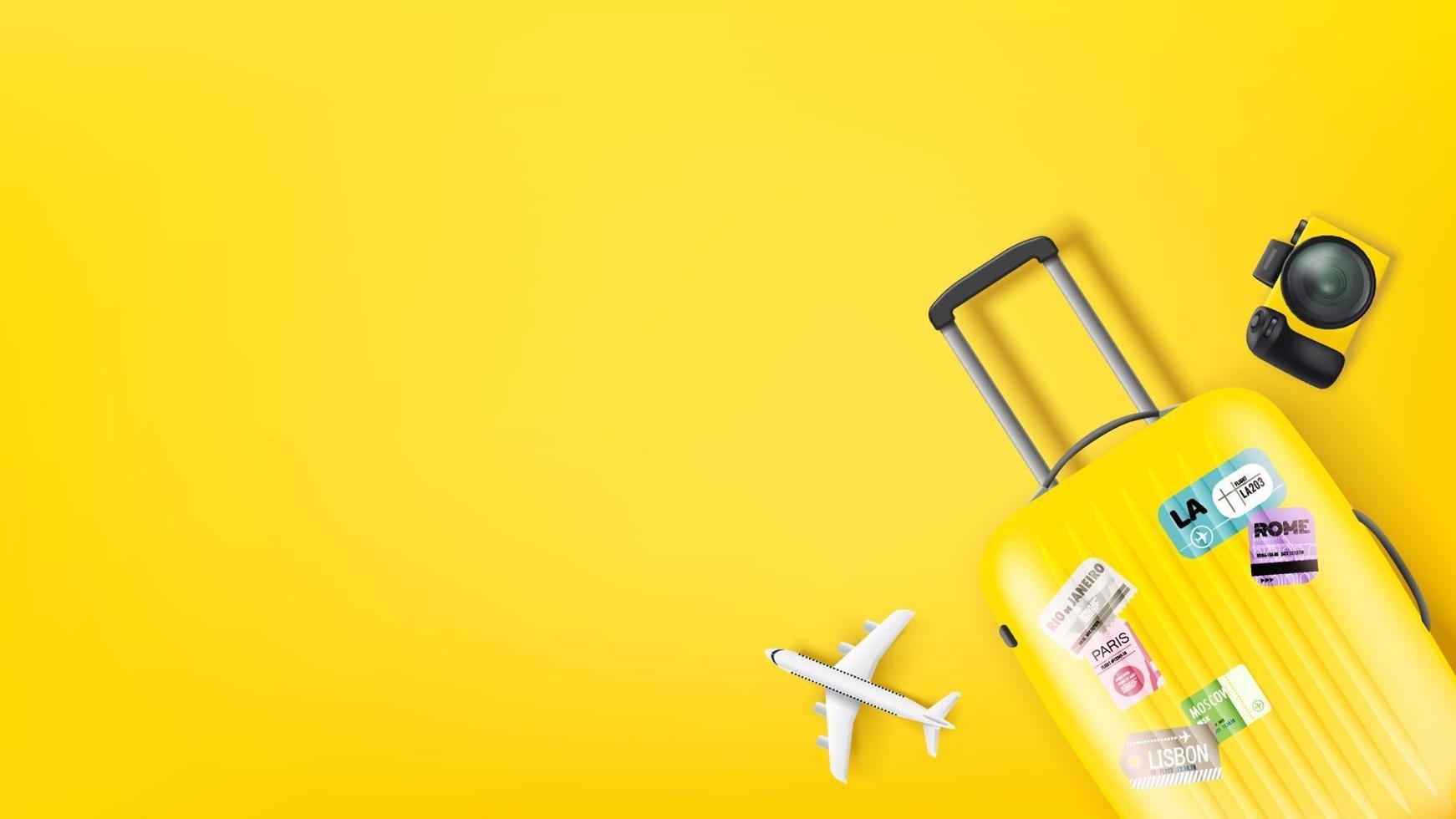 Travel illustration with yellow bag, camera and aircraft model. Flat ...