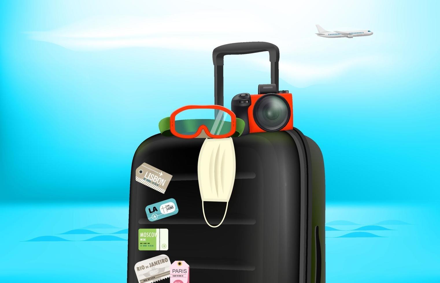 Summer travel concept with baggage, camera, protective mask. Summer 2021 vector