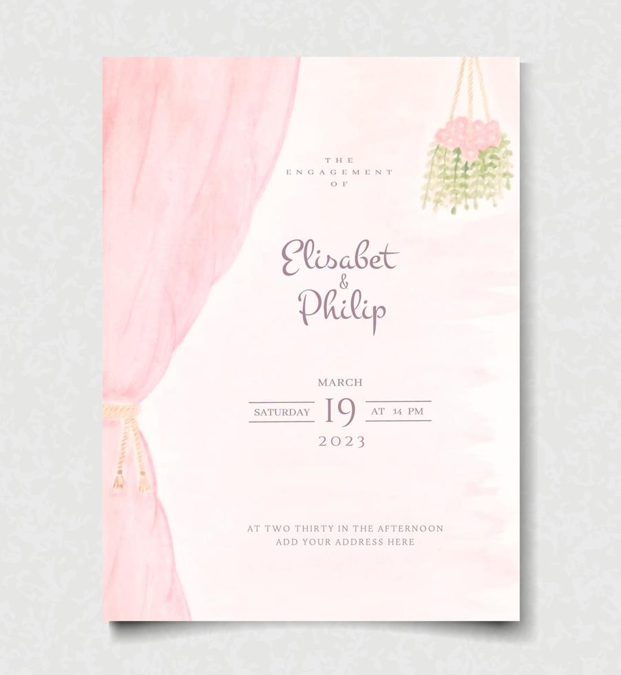 Elegant Pink Watercolor Curtain and Flowers Wedding Invitation Template vector