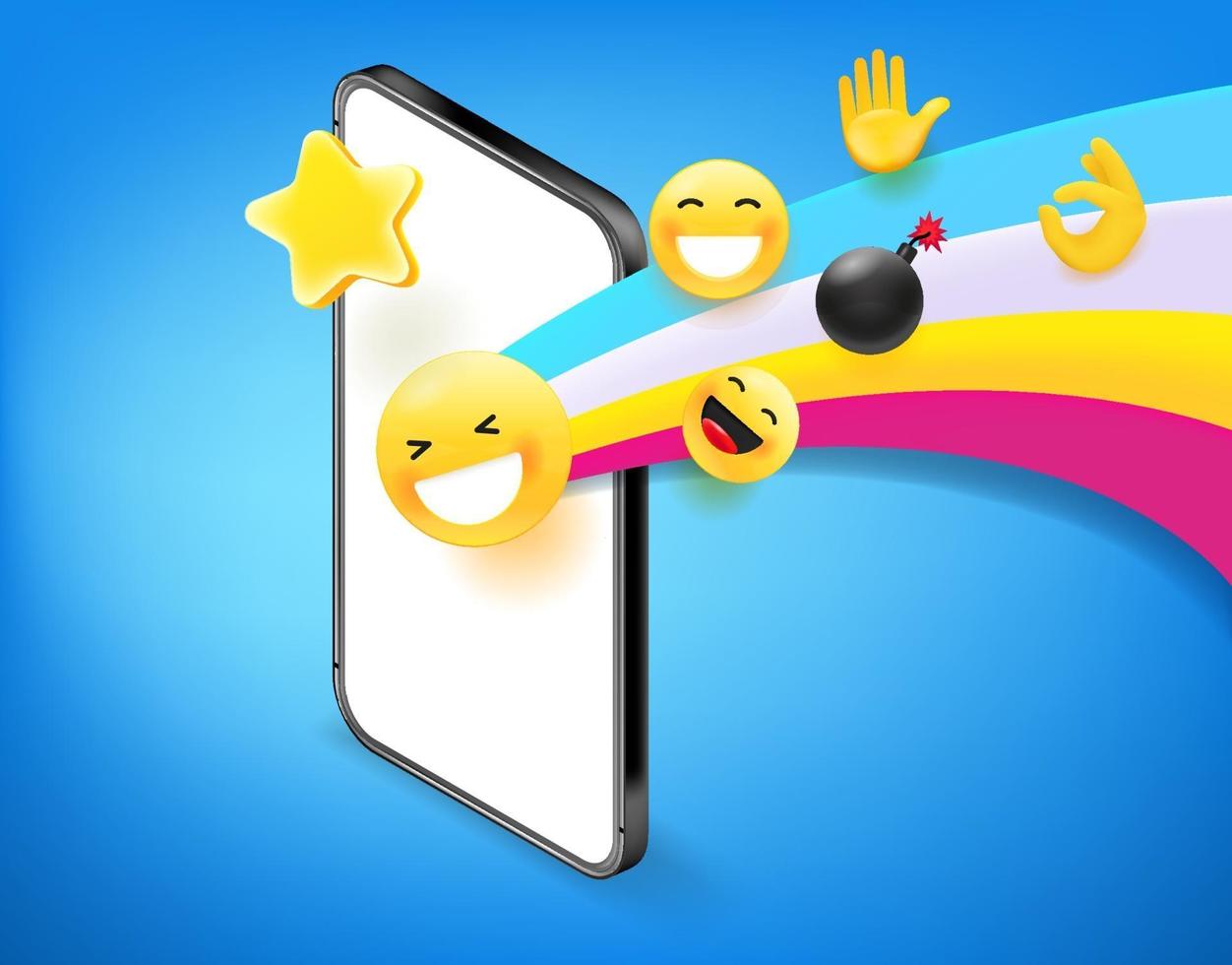 teléfono inteligente moderno con arco iris y diferentes emoji. usando el concepto de redes sociales vector