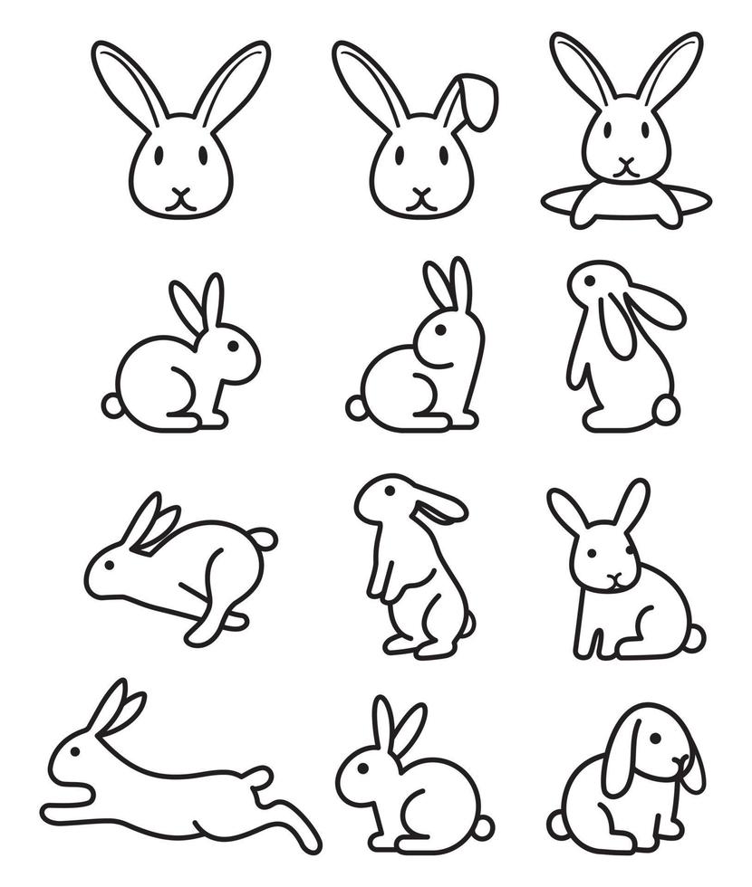 Set of rabbit bunny line icons. Vector illustrations.