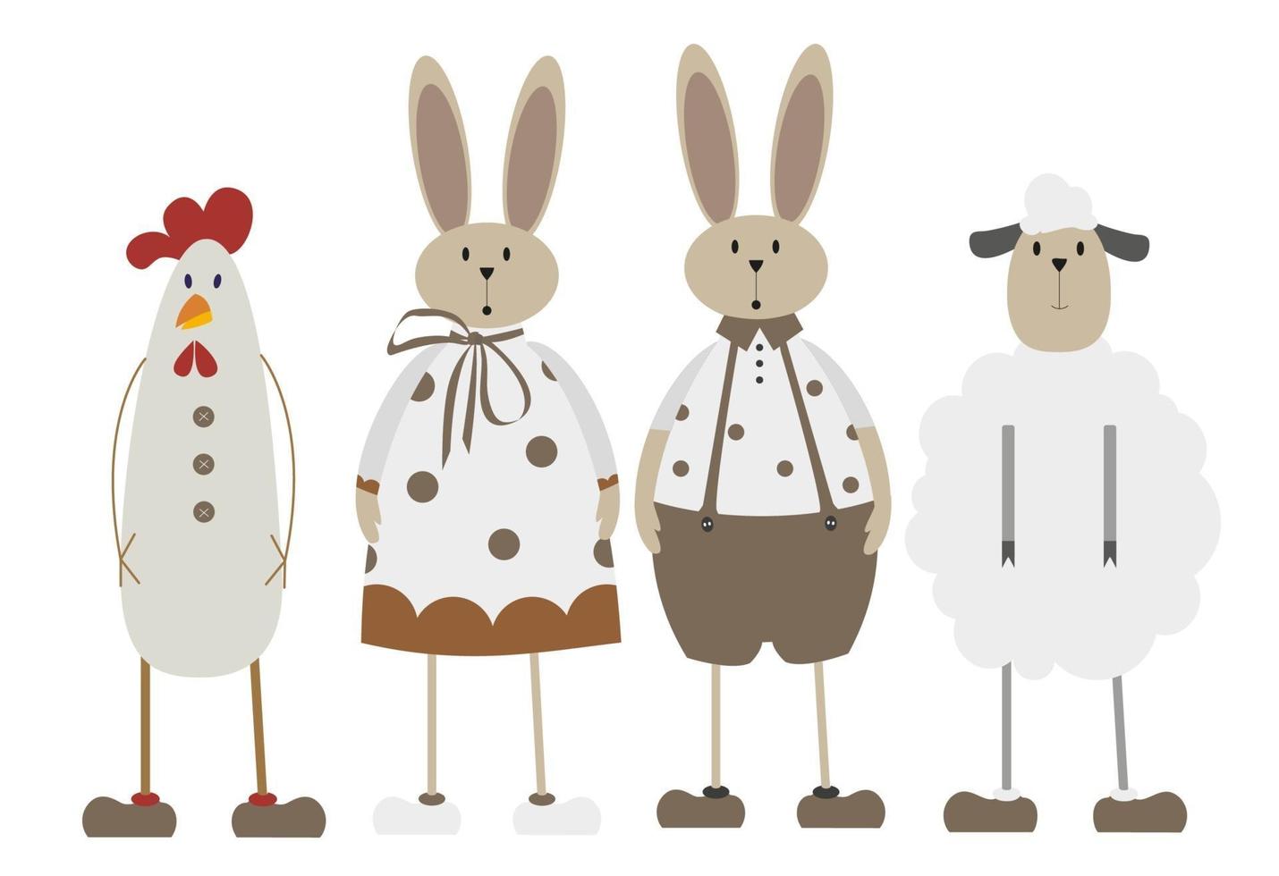 Scandinavian Easter characters in neutral colors. Bunny, sheep, cock. Vector Easter illustration for your decoration.