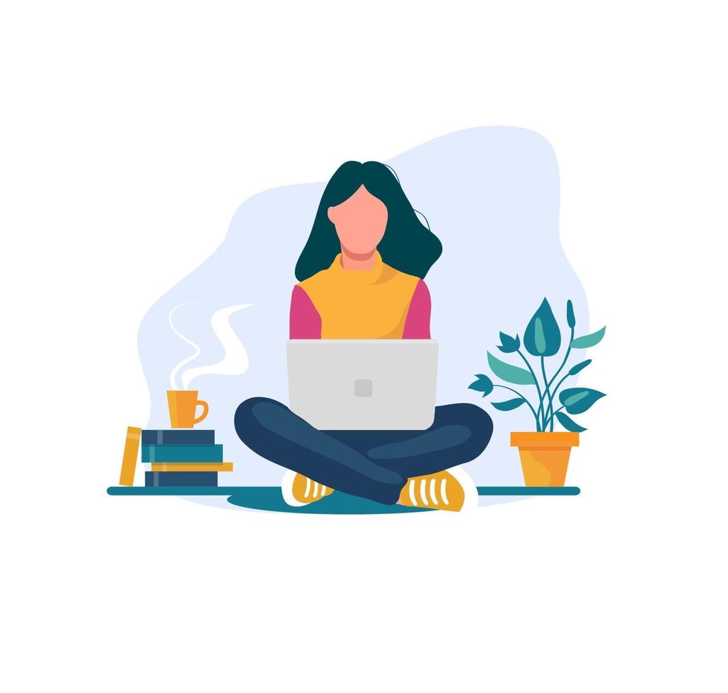 young girl sitting on the floor with a laptop vector