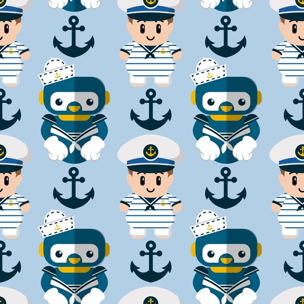 Seamless pattern robot and cute sailor vector