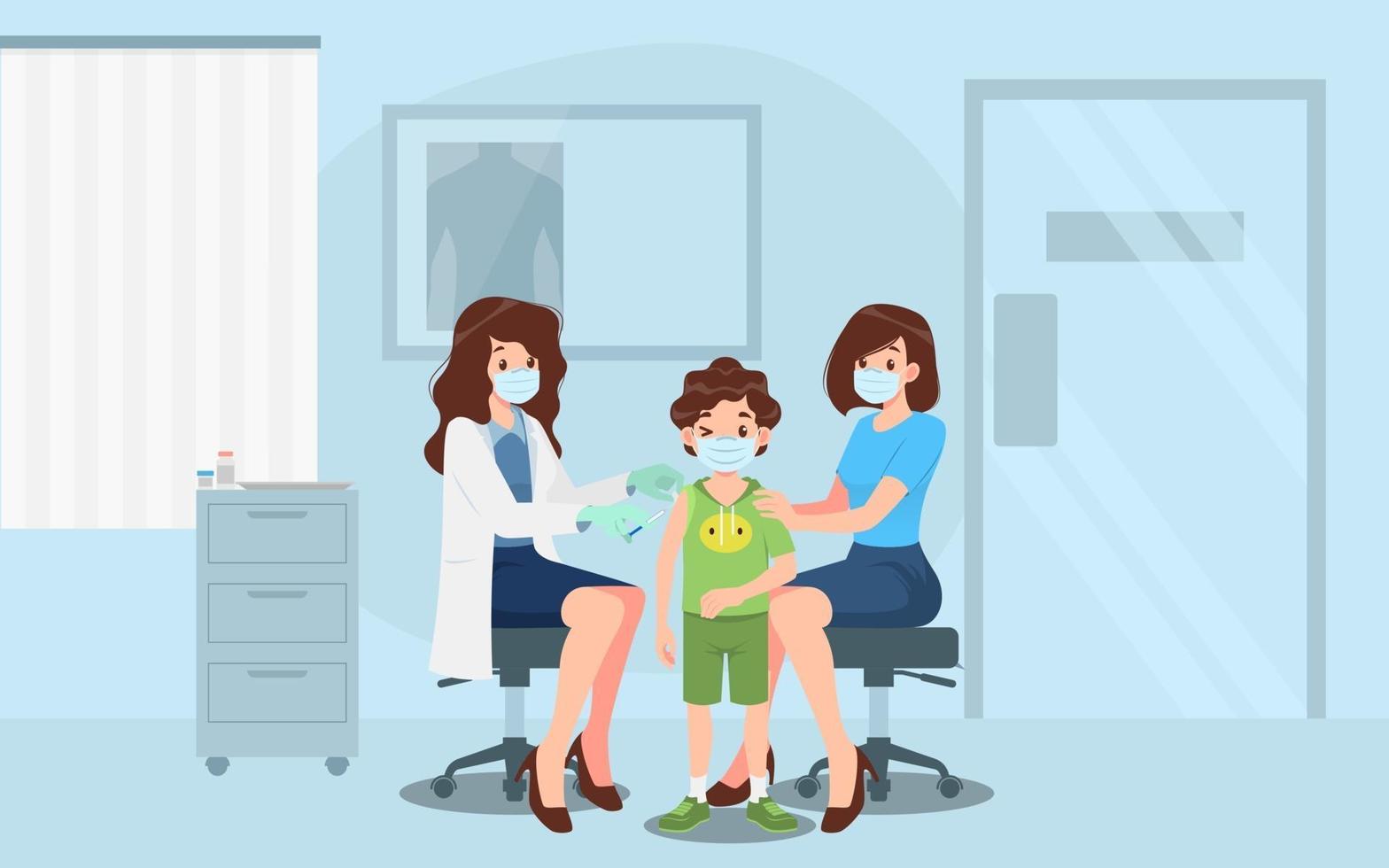 A doctor in a clinic giving a Coronavirus vaccine to a boy. Vaccination concept for immunity health. Virus prevention to medical treatment, process of immunization against covid-19 for people. vector