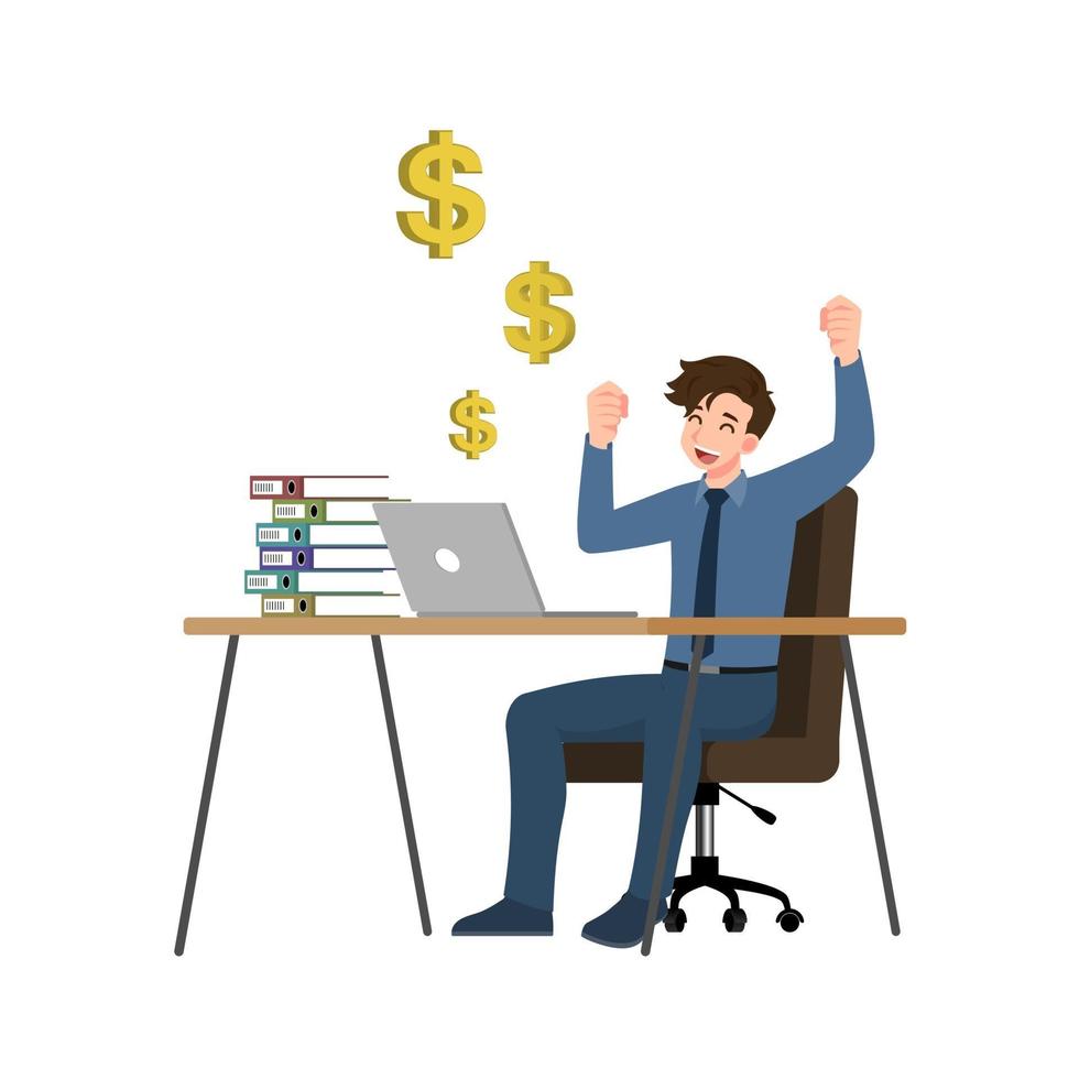 Businessman shows happy emotion when he saw laptop showing good and profitable stock performance. Raised hand with floating dollar symbols. Flat design illustration vector. vector