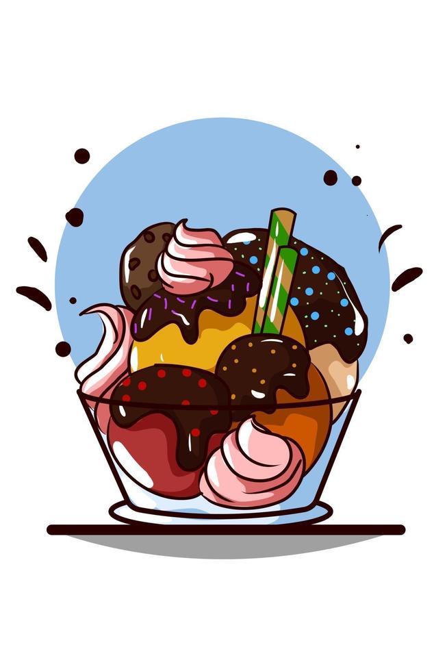 Ice cream with chocolate cream with wafers and biscuit in a bowl vector