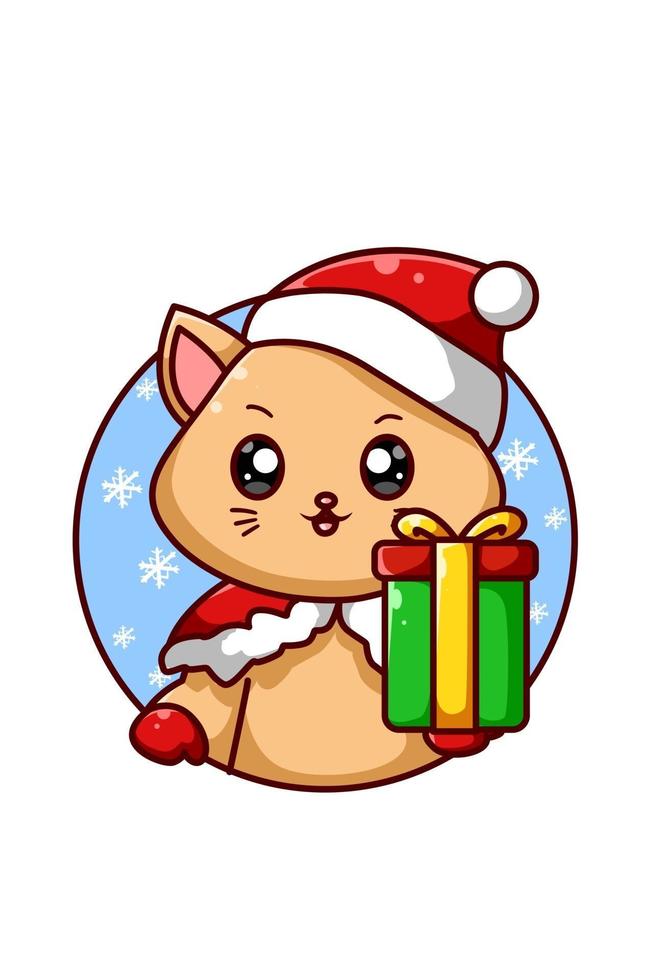 Brown cat bringing one gift for Christmas vector