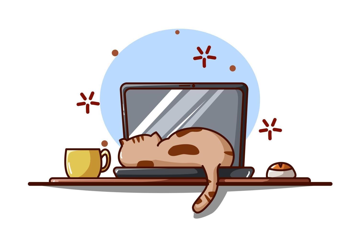 Ilustración de un gato durmiendo en una computadora portátil vector