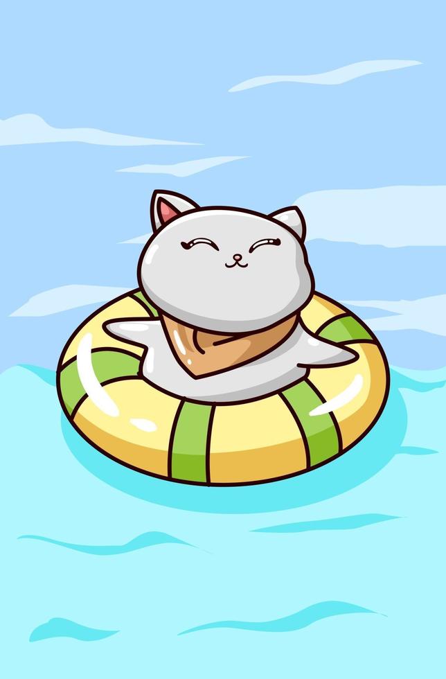 Ilustración de un gato nadando con un neumático de natación vector