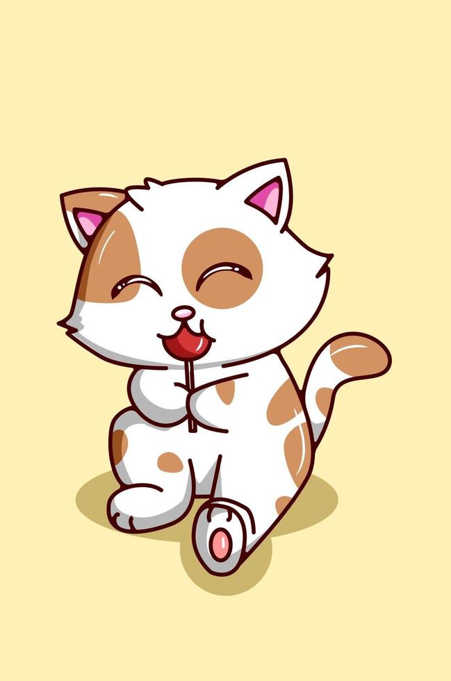 Kawaii y gracioso gato comiendo una ilustración de dibujos animados de dulces vector