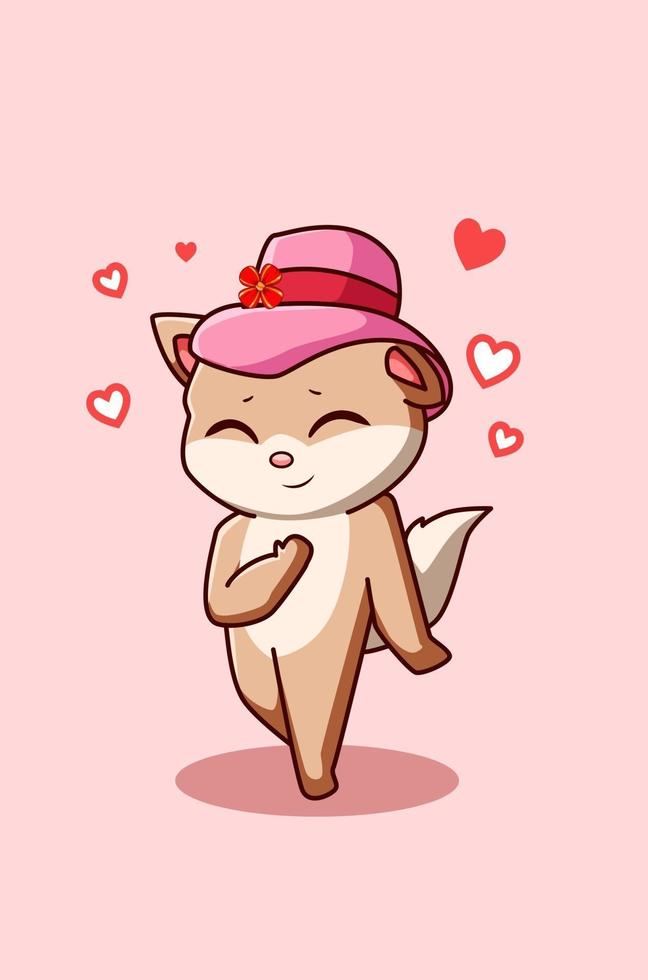 El gato kawaii con el lindo sombrero está enamorado el día de San Valentín, ilustración de dibujos animados vector