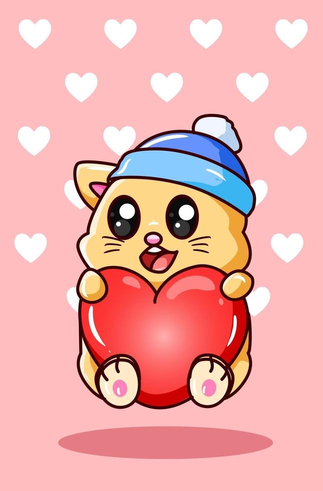 Kawaii and funny cat with love in valentine day cartoon illustration vector