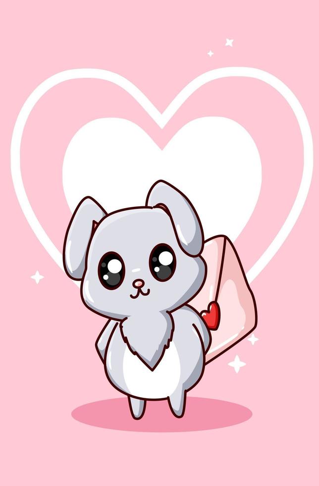 Cute and happy kawaii rabbit brings a big love valentine's letter cartoon illustration vector