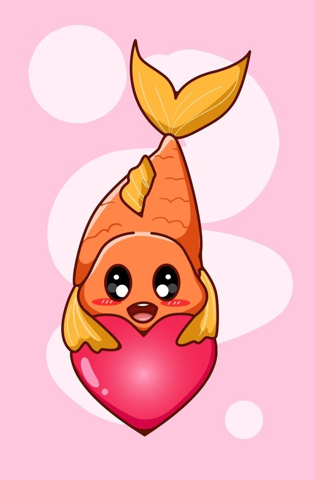 Kawaii y feliz pez beta con gran amor ilustración de dibujos animados de San Valentín vector