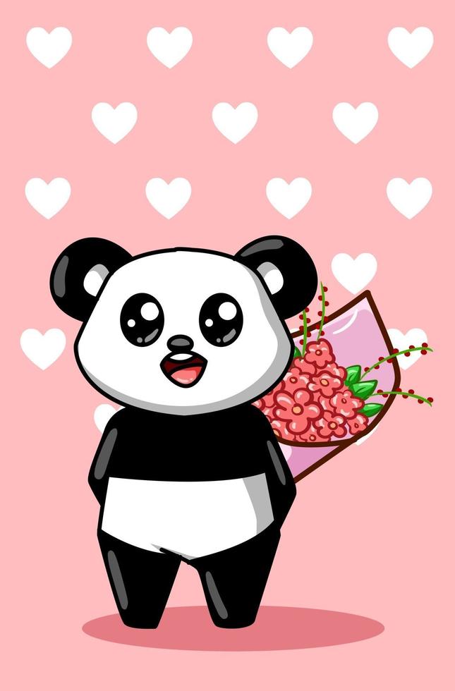 A cute and happy panda carrying a bouquet of flowers cartoon illustration vector