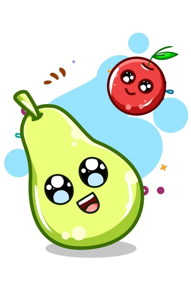 A cute and happy pear and cherry cartoon illustration vector