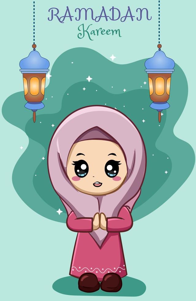 Little happy muslim girl at ramadan kareem cartoon illustration vector