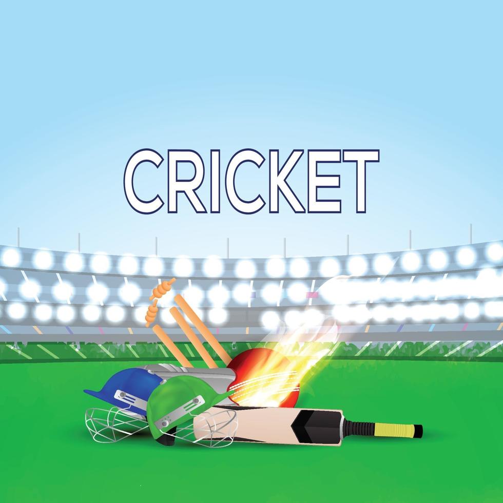 Cricket championship stadium background with cricket equipment vector