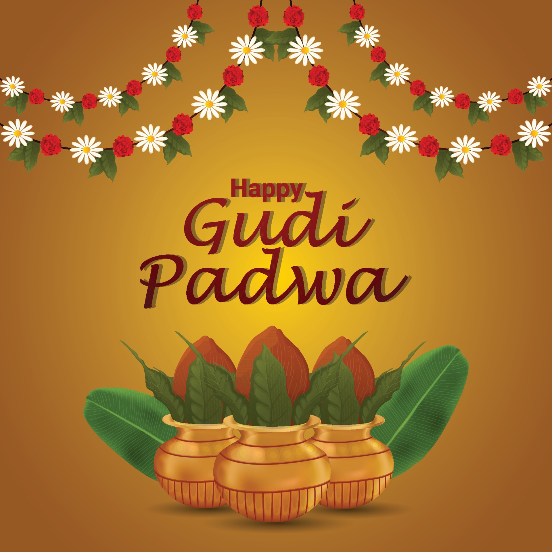 Happy gudi padwa or happy ugadi greeting card with traditional kalash
