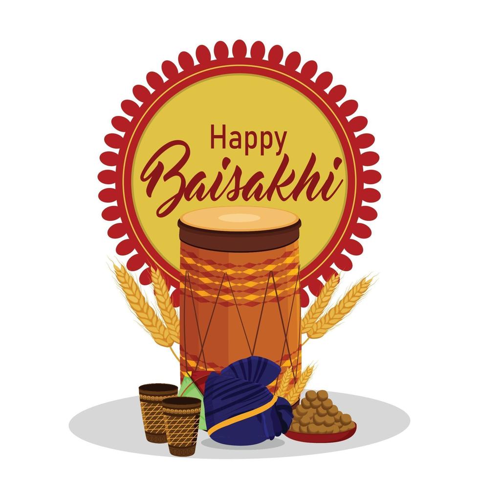 Flat design of happy vaisakhi celebration with creative dhol and pagadi vector