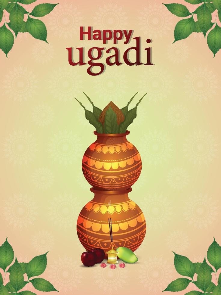 feliz ugadi o gudi padwa saludo ilustración con kalash vector