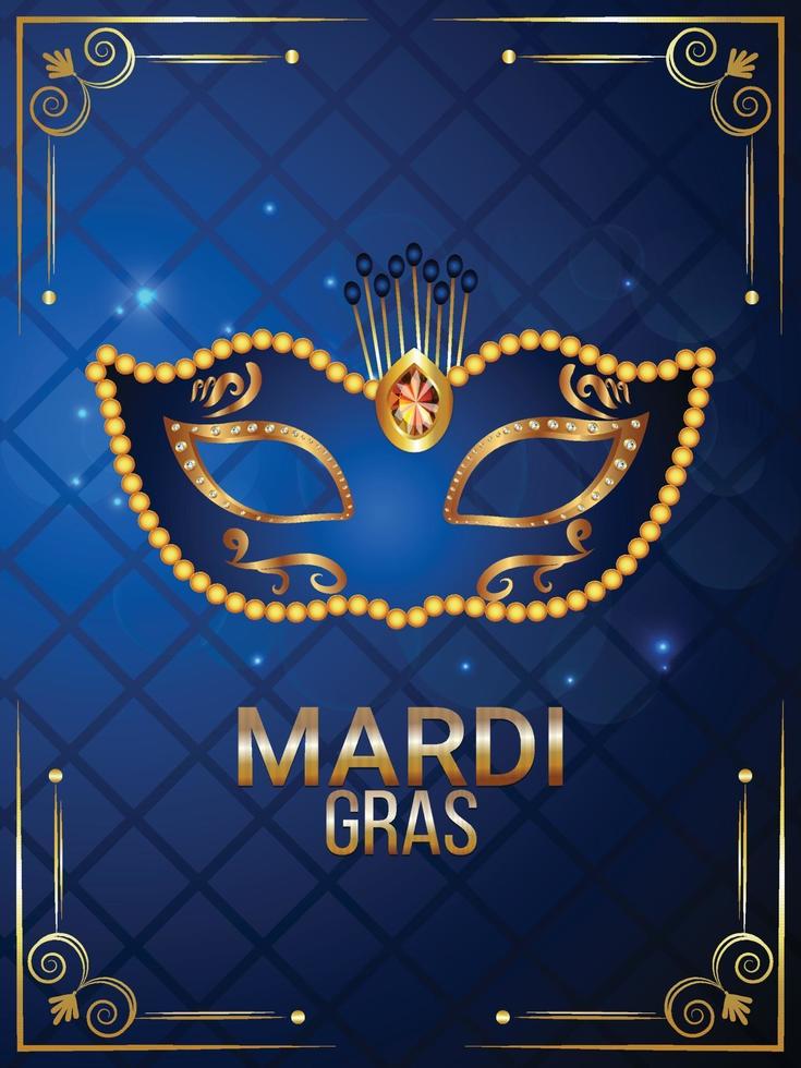 Cartel de evento de carnaval de Brasil con máscara azul y dorada sobre fondo azul vector