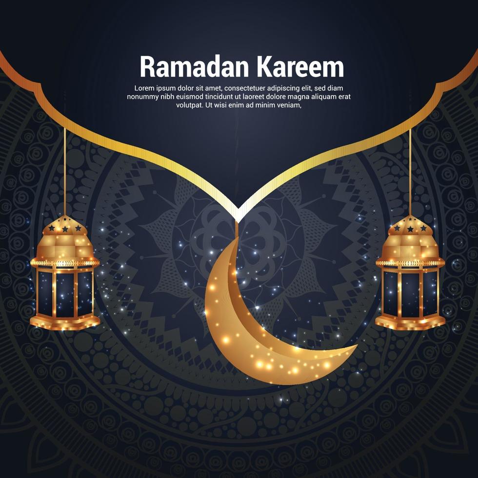 Ramadan kareem or eid mubarak greeting card with golden lantern vector