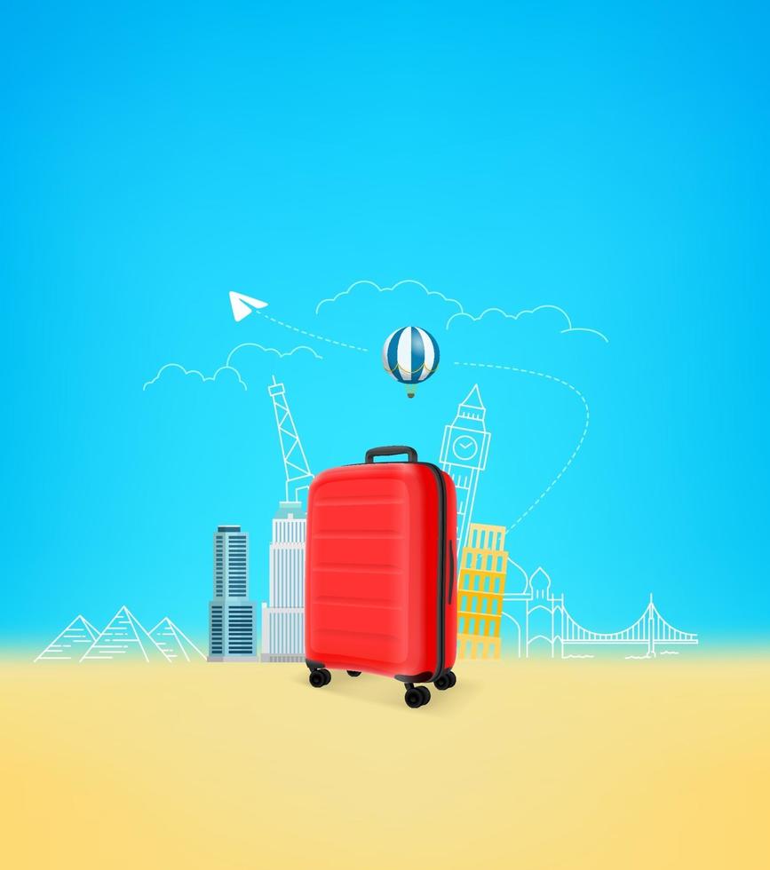 Photoreal suitcase with different travel famous sights vector