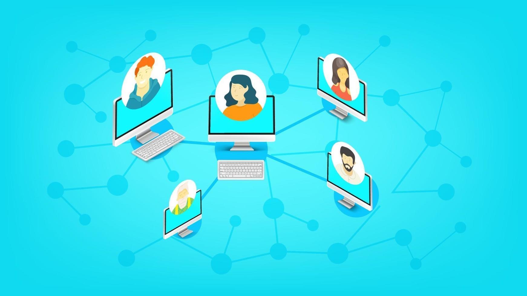 Abstract scheme of modern social media network. Isometric vector illustration