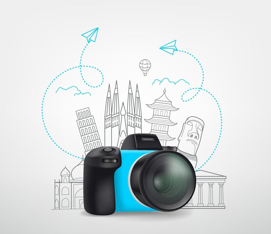 World travel concept with digital camera and doodling elements vector