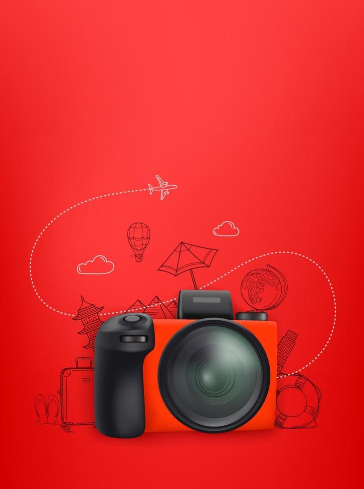 concepto de viaje con cámara roja y elementos de doodle. ilustración vertical con espacio de copia vector