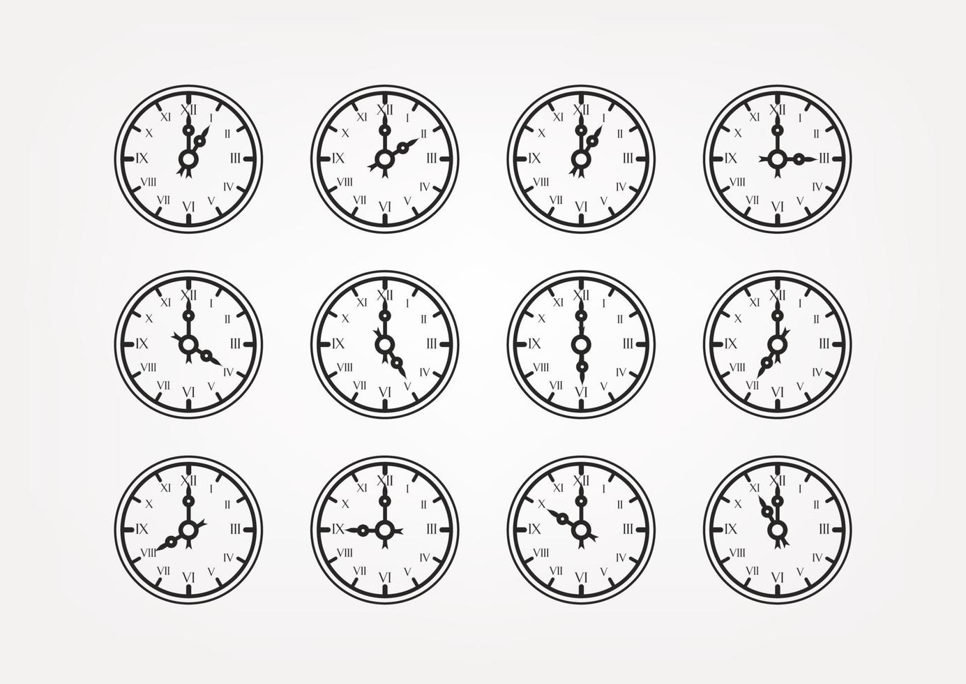 Retro style clock vector silhouettes with different arrows position