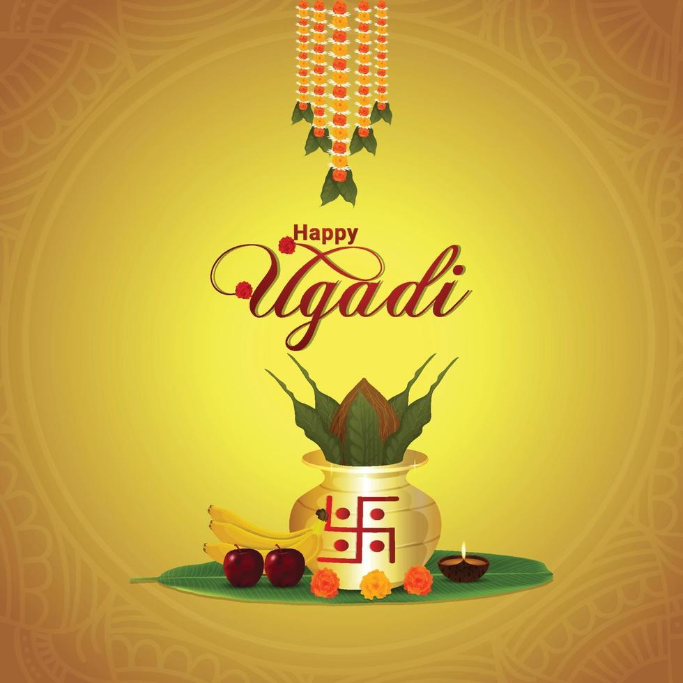 gudi padwa o feliz año nuevo ugadi kannada con golden kalash vector