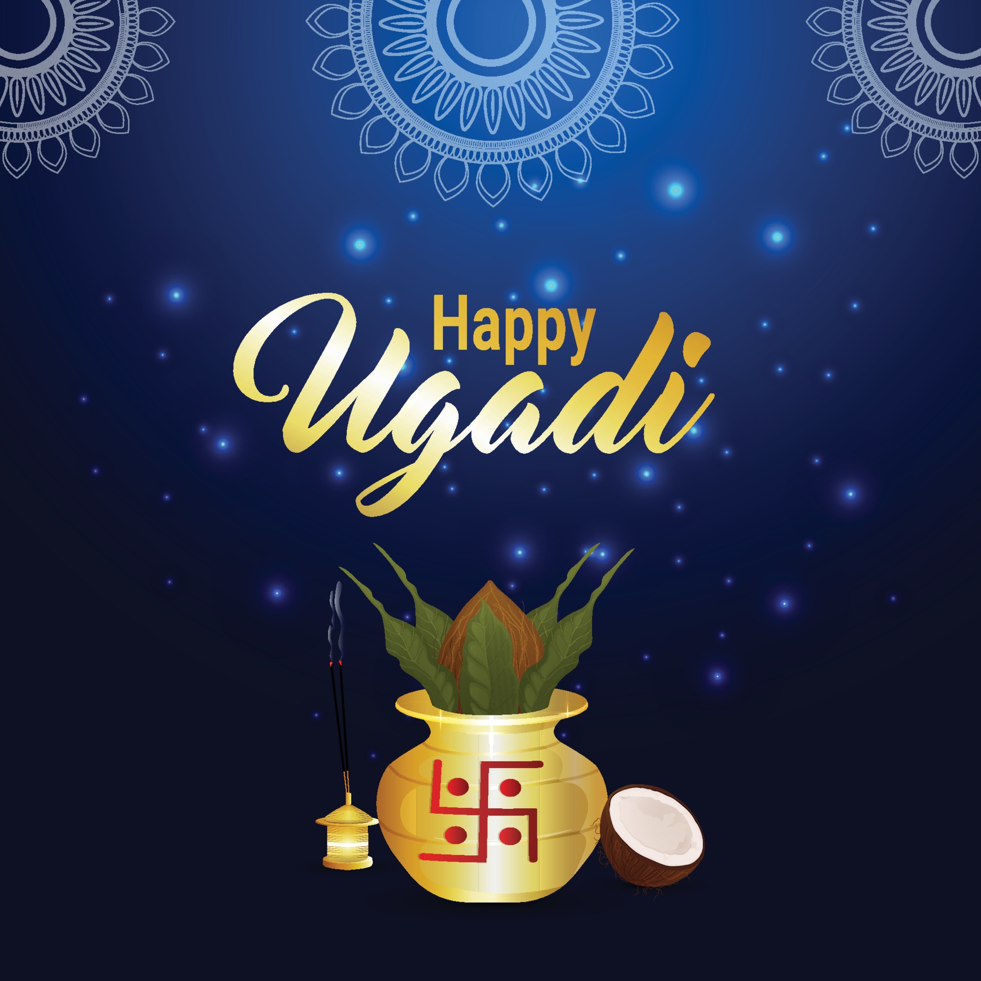 Happy ugadi celebration greeting card with realistic golden kalash