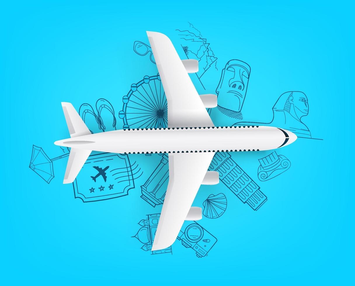 concepto de viaje aéreo con modelo de avión y elementos de doodle vector