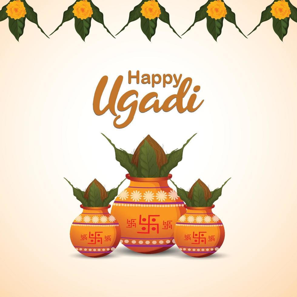 Feliz tarjeta de felicitación de celebración de ugadi con kalash creativo y fondo vector