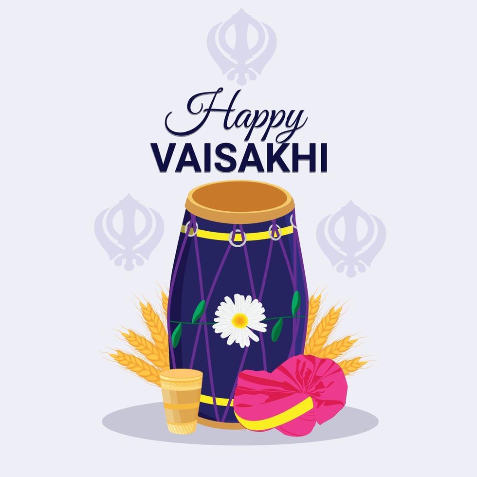 feliz concepto de diseño plano vaisakhi y fondo con dhol creativo vector