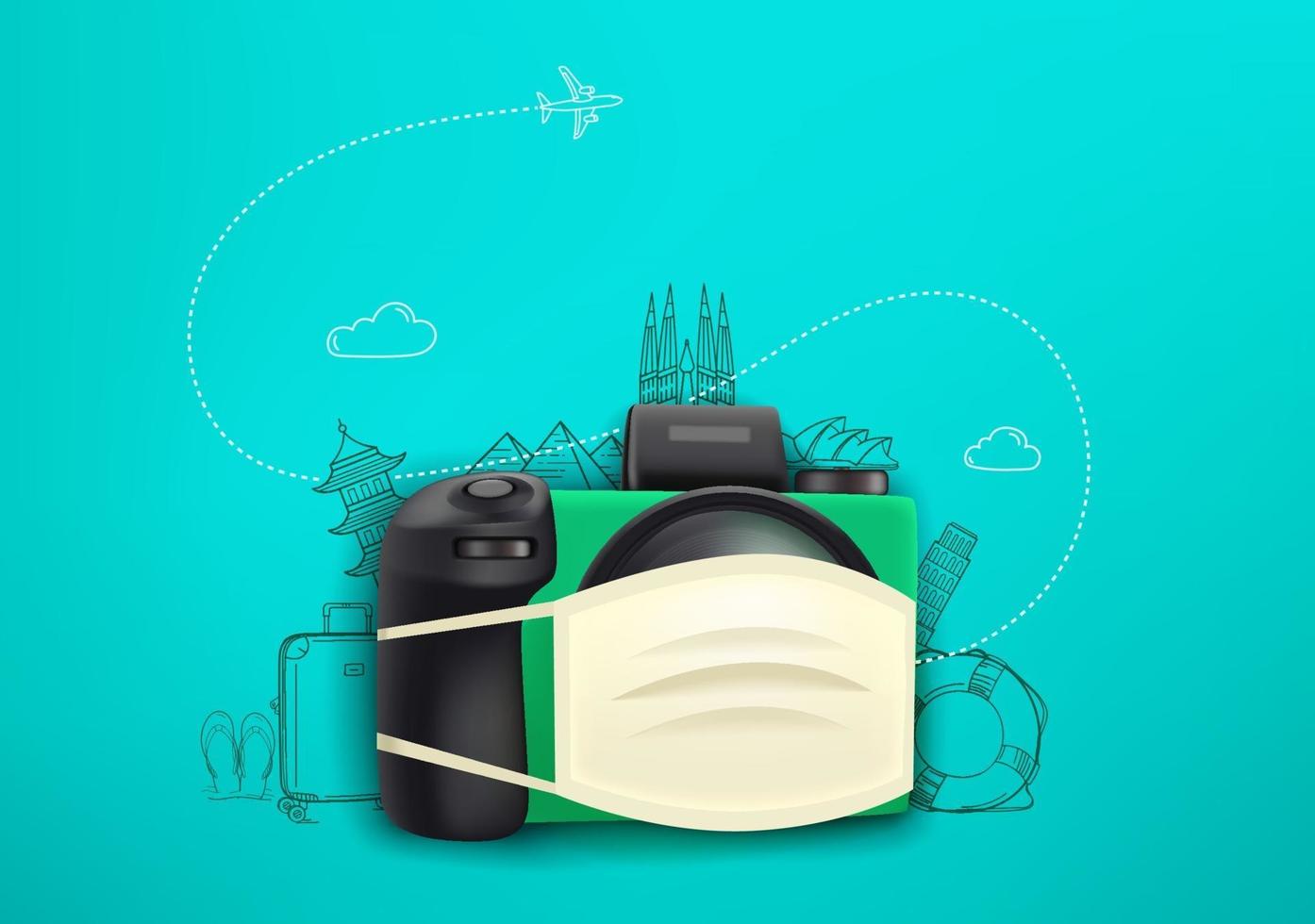 Vacation on pandemic. Concept with digital camera and protection mask vector