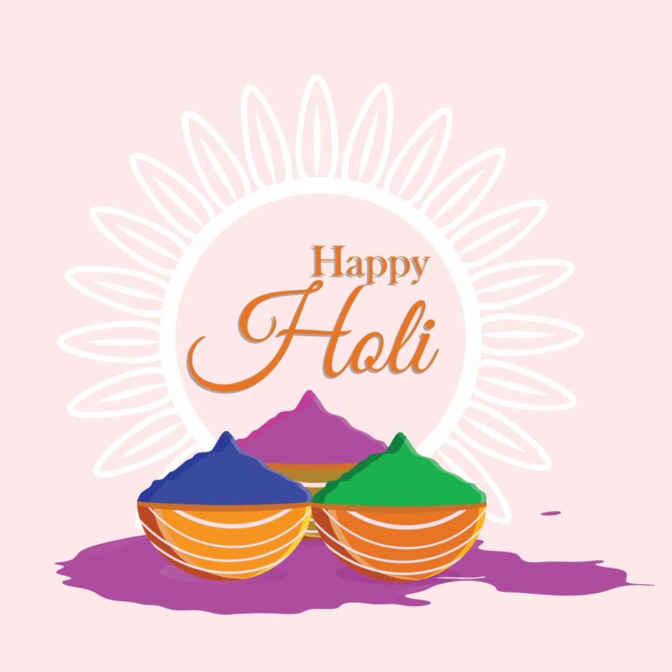 Flat happy holi design concept with holi color bowl and  color mud pot with holi color gun vector