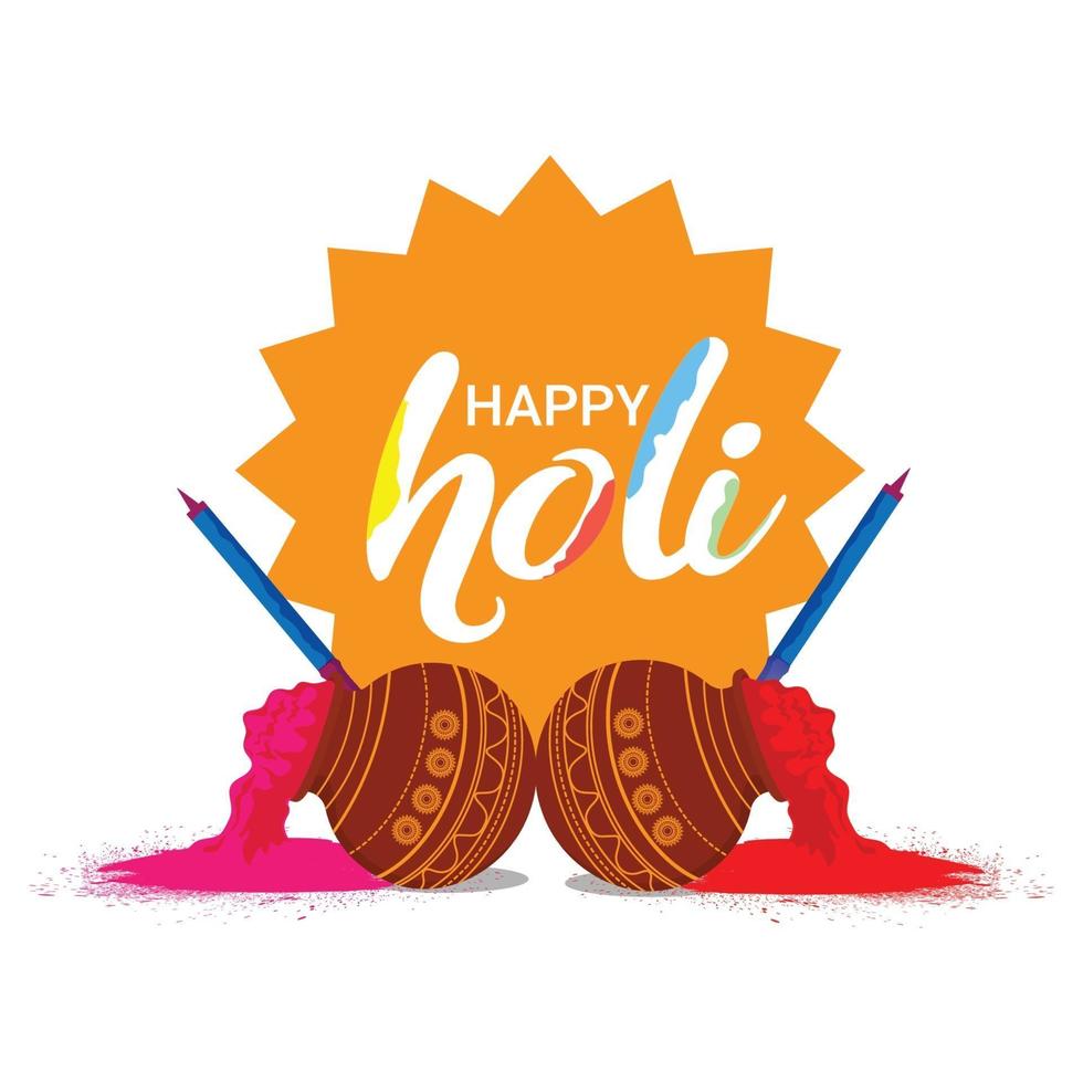 Happy holi indian hindu festival background with creative mud pot and color bowl vector