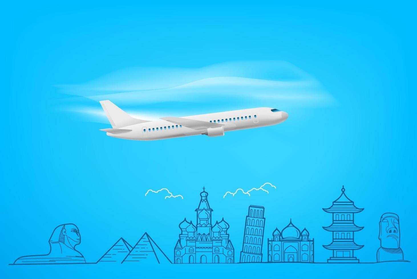 Flying airplane with doodling style famous sights. Vacation concept vector