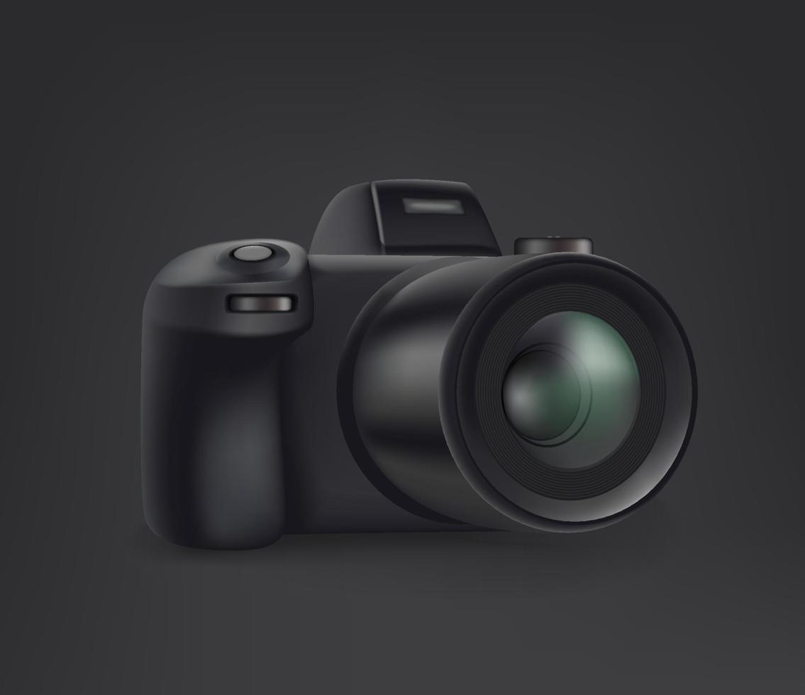 Black modern mirrorless digital camera on black background vector