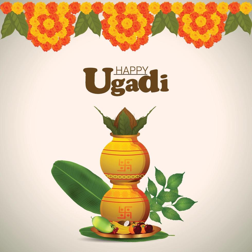 Creative traditional kalash with garland flower of happy ugadi vector