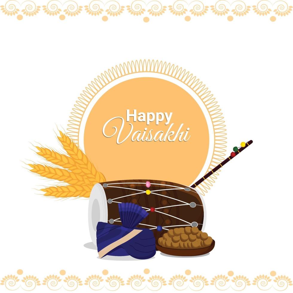 Happy vaisakhi celebration background with creative dhol, pagadi, wheat vector