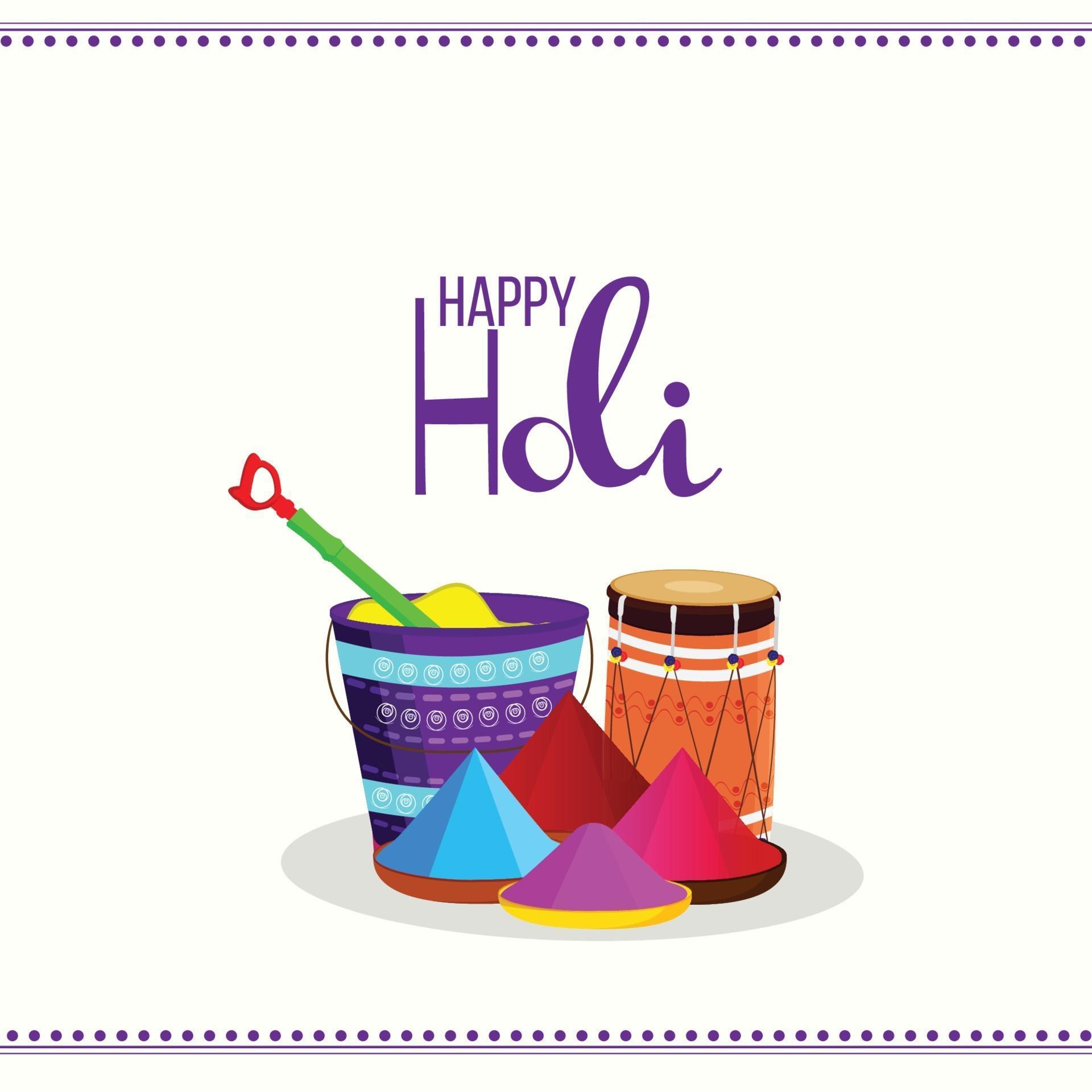 Happy Holi Celebration Background With Realistic Bucket And Colorful