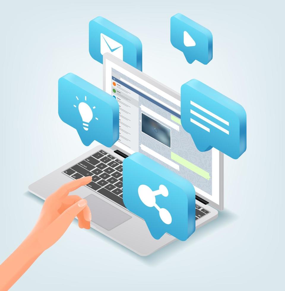 Modern social media concept with laptop and chat application. Isometric vector illustration isolated on white background