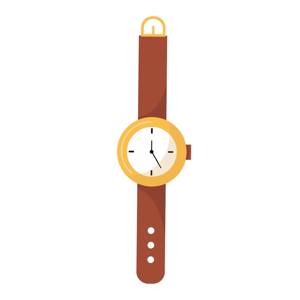 reloj de pulsera con hebilla de cuero, reloj mecánico clásico, icono de vector de estilo plano sobre un fondo blanco.